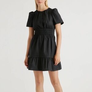 Quince 100%  Organic Cotton Poplin Tiered Mini Dress in Black Smocked - Medium